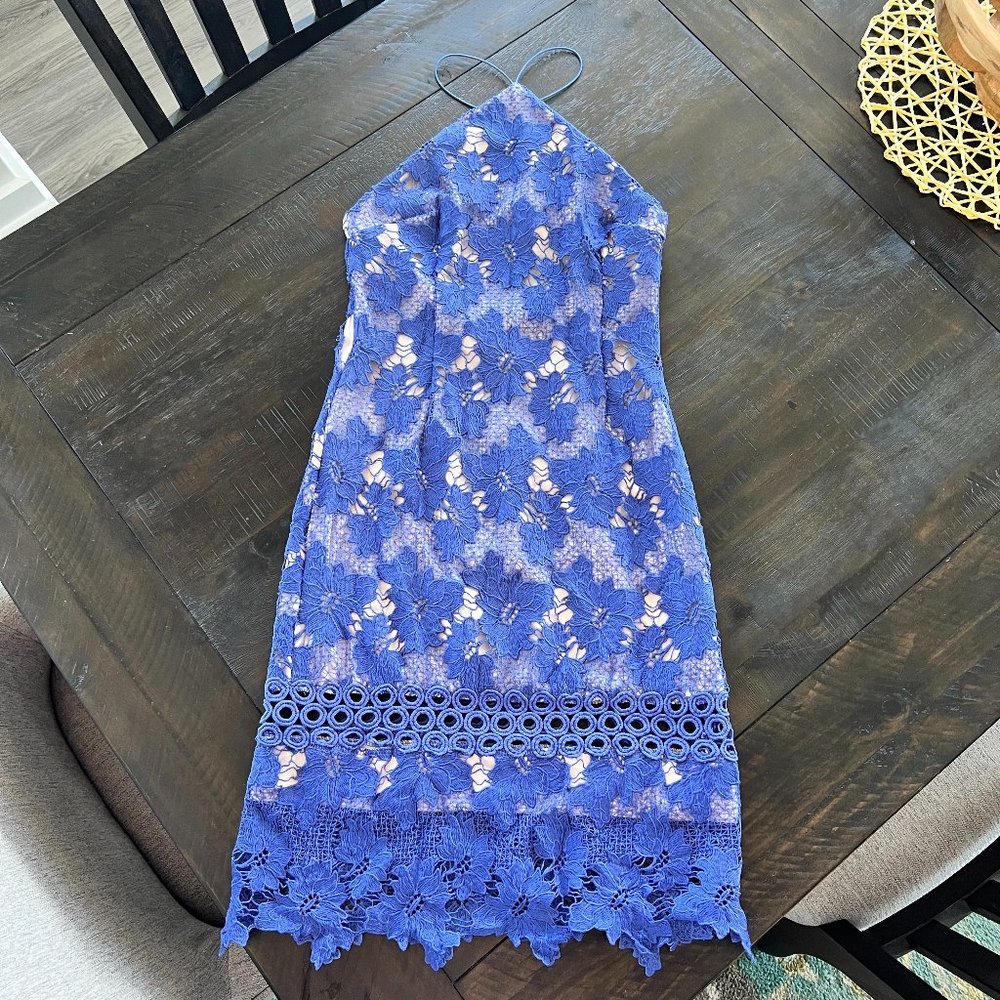 Blue, Lace Halter, Low Cut back, Cocktail Dress